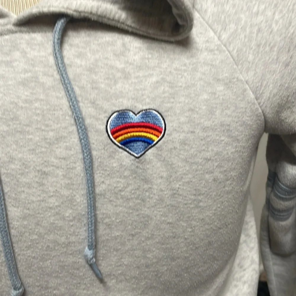 light gray hoodie with rainbow heart size small